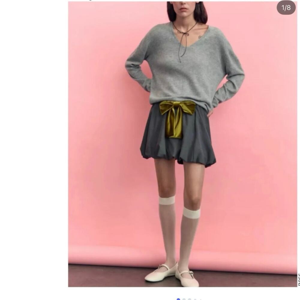 Zara Ballon Grey Skirt With Green Velvet Statement Bow Size XS